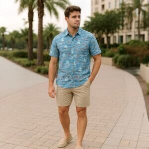 Izod Saltwater Shirt Blue Sailboat Print Cotton Resort Coastal Button Up Size S